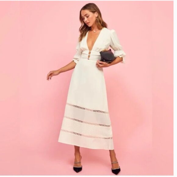 Reformation Dresses & Skirts - Reformation Ginny Lace-Trimmed Pintucked Georgette Midi Dress Size 6 Ivory White